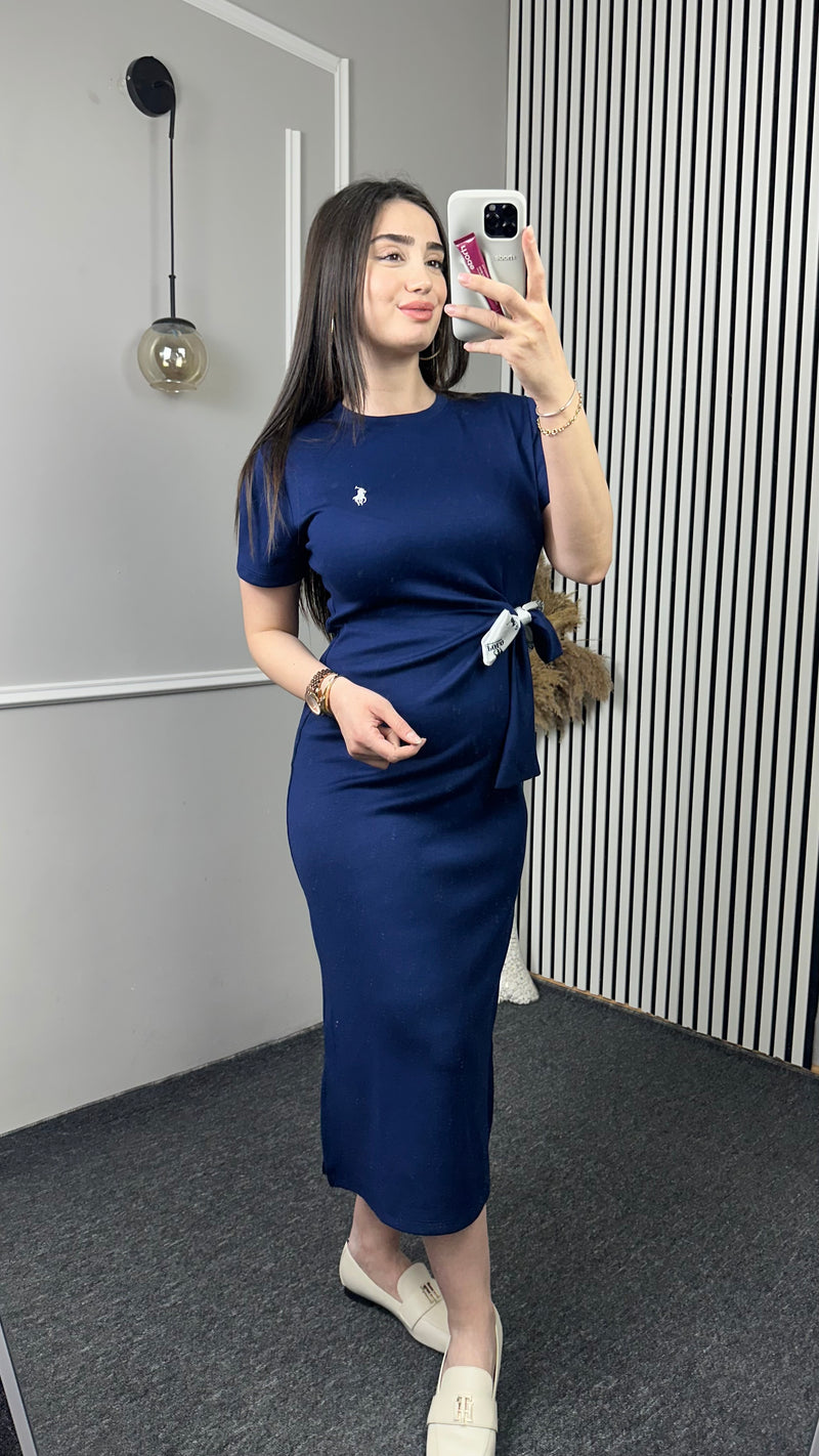 Nakışlı Bağlamalı Kuşaklı Kısa Kollu Elbise