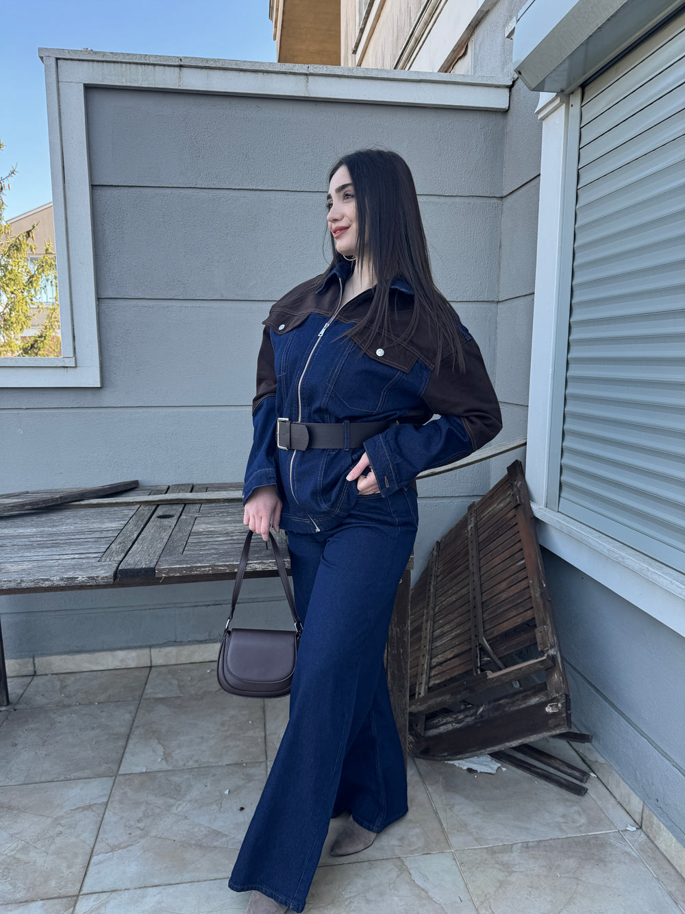 Kemerli Kot Denim Takım