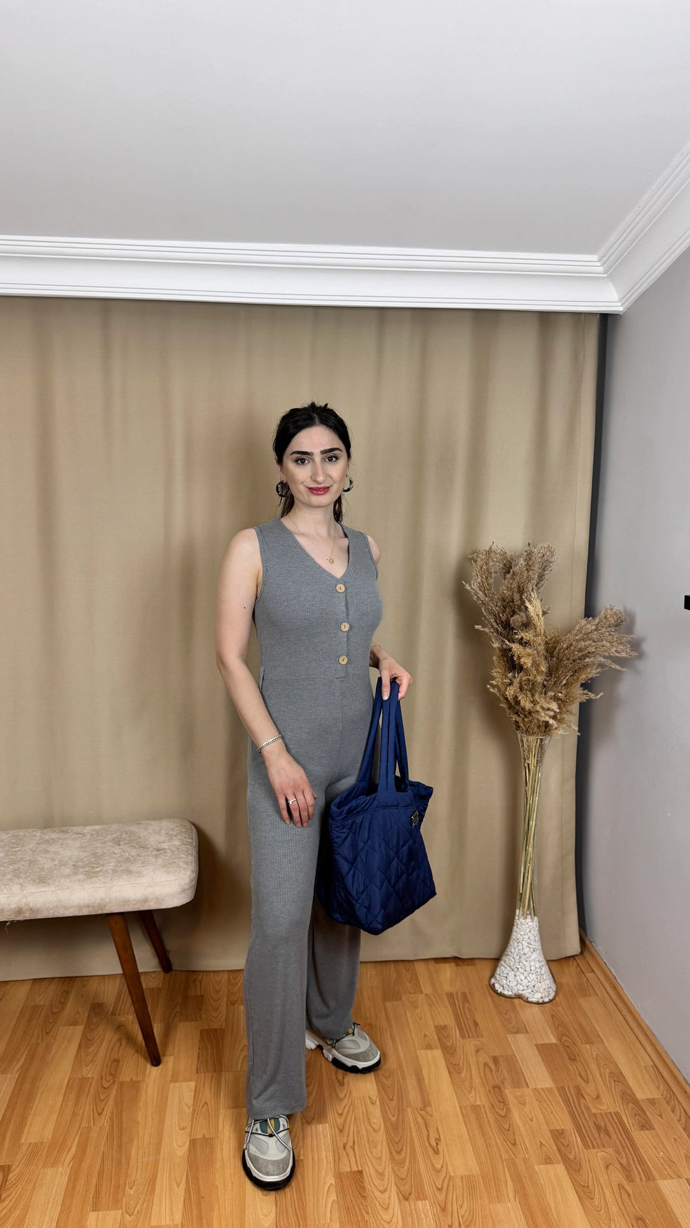 Önü Düğmeli Fitilli Kaşkorse Tulum Gri